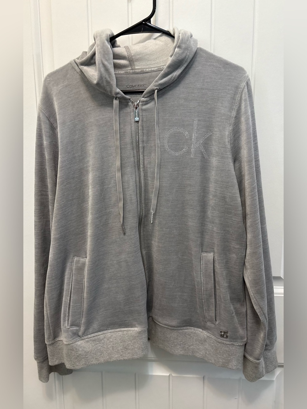 Calvin Klein Light Gray Zip Hoodie with CK Rhinestone Logo. Size Large.